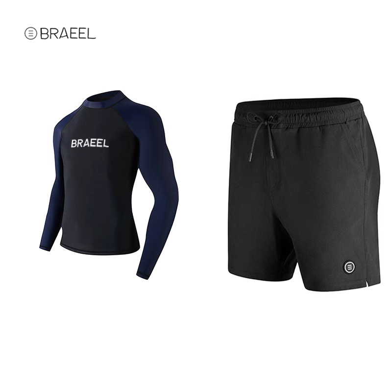 Two pairs of black and blue-haired shorts